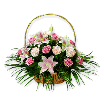 Basket with lilies, pinks, roses decorated with verdure Wonderland