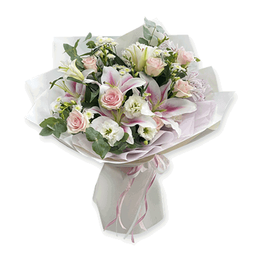 Blumenstrauß aus Rosen, Lilien und Lisianthus Herzliche Umarmung