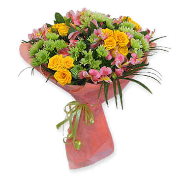 Strauß aus Alstroemerien, Rosen und Chrysanthemen – Sonnenschein und Harmonie Sommer