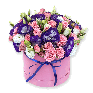 Caja con lisianthus y rosas