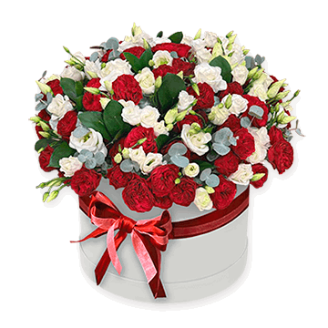 Lisianthus and roses in box