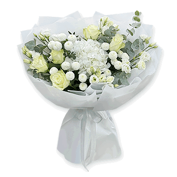 Bouquet of white roses, lisianthus and hydrangea — a refined arrangement in a light color palette Gentle Elegance
