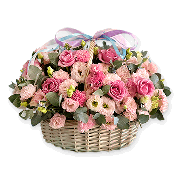 Basket with roses and lisianthus Moments of Happiness