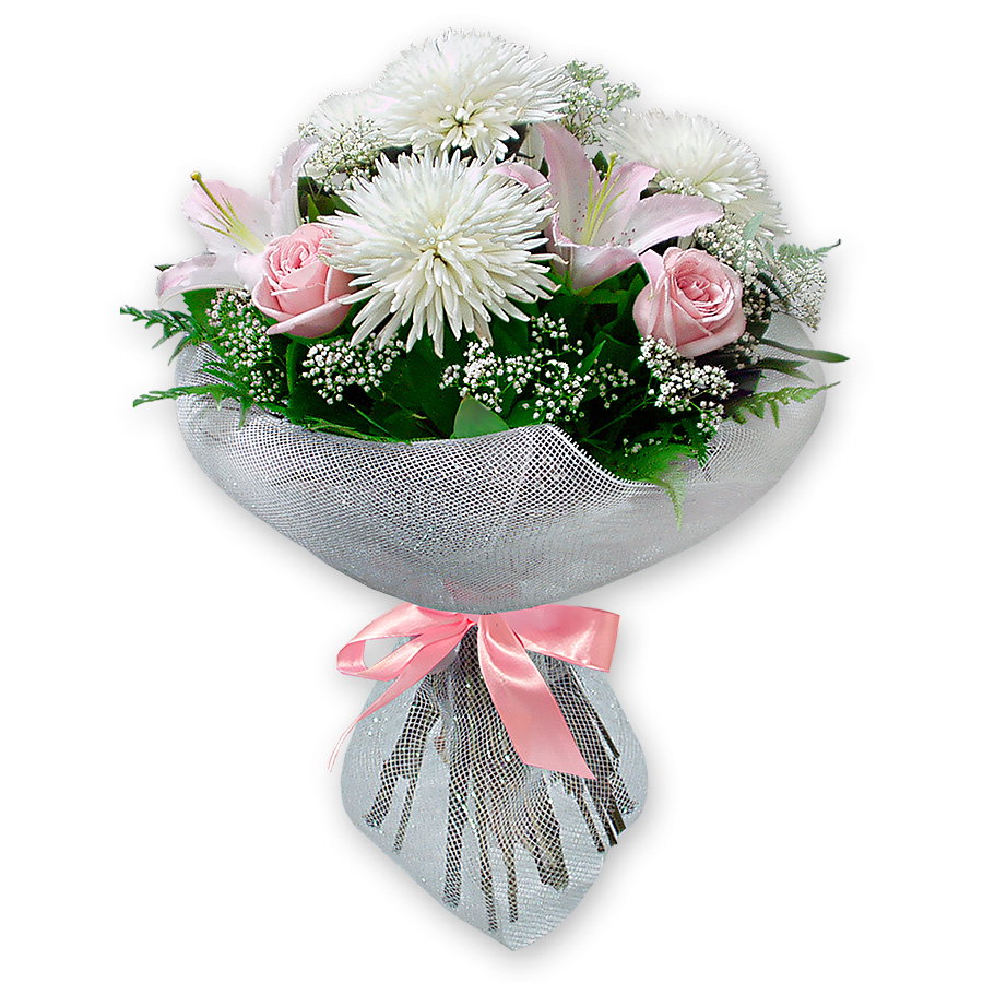 Bouquet of roses, lilies and chrysanthemums decorated verdure Inspiration