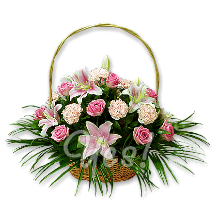 Корзинка с розами, лилиями, гвоздиками