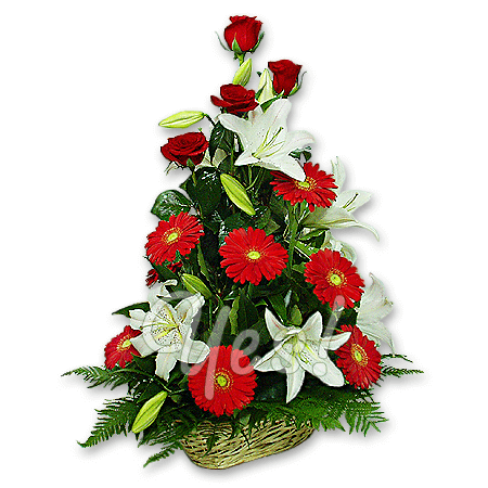 Cesta con rosas, gerberas, lirios Cesta con rosas, gerberas, lirios