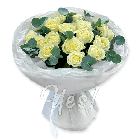 Bouquet of white roses (60 cm.) decorated with verdure
