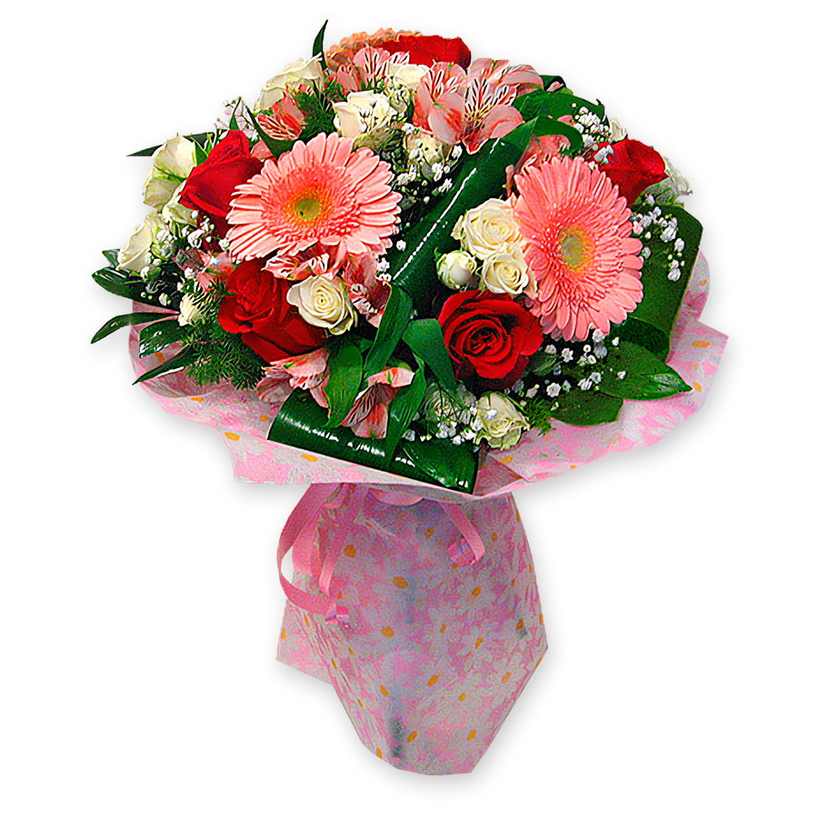 Romantic Bouquet with Red Roses, Gerberas, and Alstroemerias — a Tender Compliment for Her Flirt