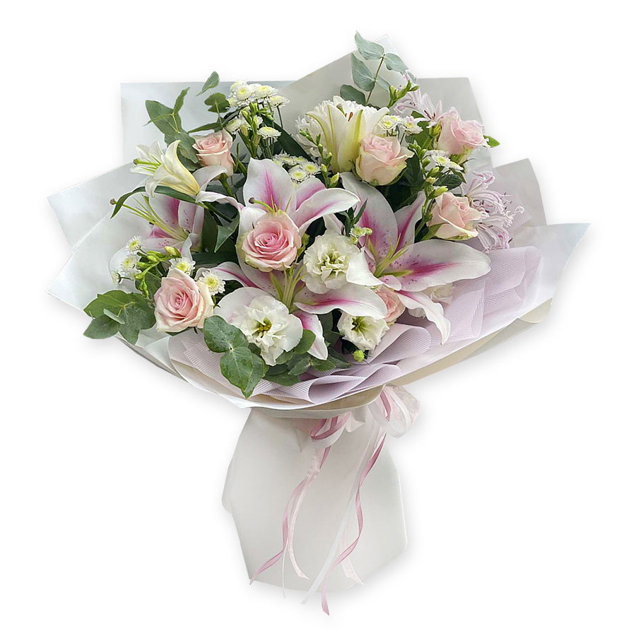 Bouquet of lilies, roses and carnations Warm embrace
