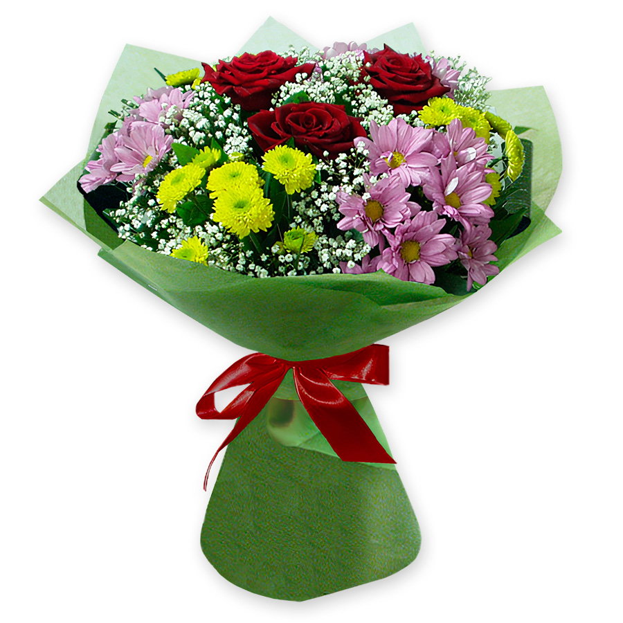 Bouquet of burgundy roses and chrysanthemums — harmony and elegance Gentle message
