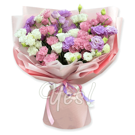 Bouquet of different color lisianthus — a symbol of tenderness and youth