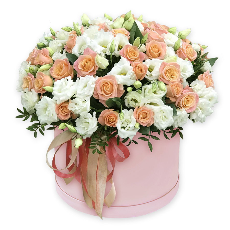 Ramo en caja de sombrero con rosas y lisianthus – símbolo de ternura y elegancia Caja de lisianthus y rosas