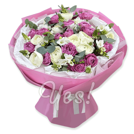 Blumenstrauß aus Rosen, Ranunkeln und Freesien