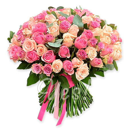 Bouquet de roses roses et crème (50 cm.) avec eucalyptus