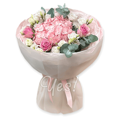 Ein Strauß aus Rosen, Hortensien und Lisianthus