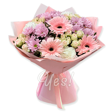 A bouquet of gerberas, spray roses, and chrysanthemums - a festive