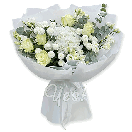 Strauß aus weißen Rosen, Lisianthus und Hortensie — eine edle Komposition in heller Farbgebung Strauß aus weißen Rosen, Lisianthus und Hortensie — eine edle Komposition in heller Farbgebung