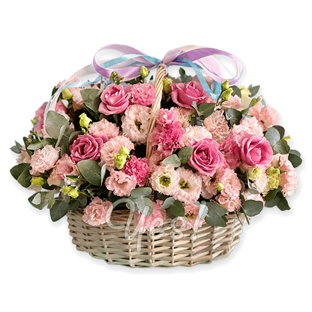 Korb mit Rosen und Lisianthus Korb mit Rosen und Lisianthus