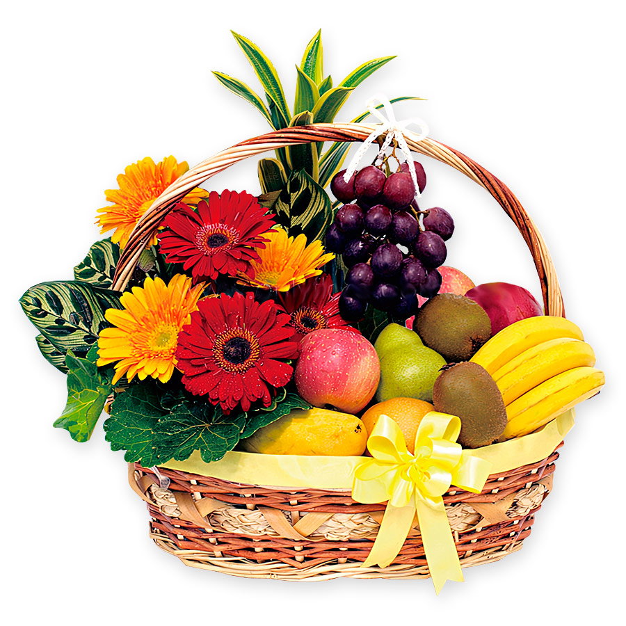 Cesta con frutas y flores Cesta con frutas y flores