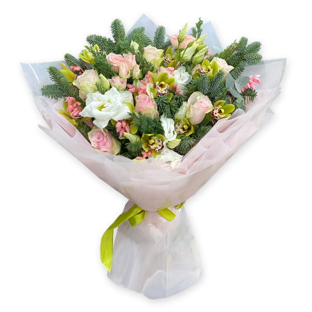 Bouquet of roses, lisianthus, orchids. Bouquet of roses, lisianthus, orchids.
